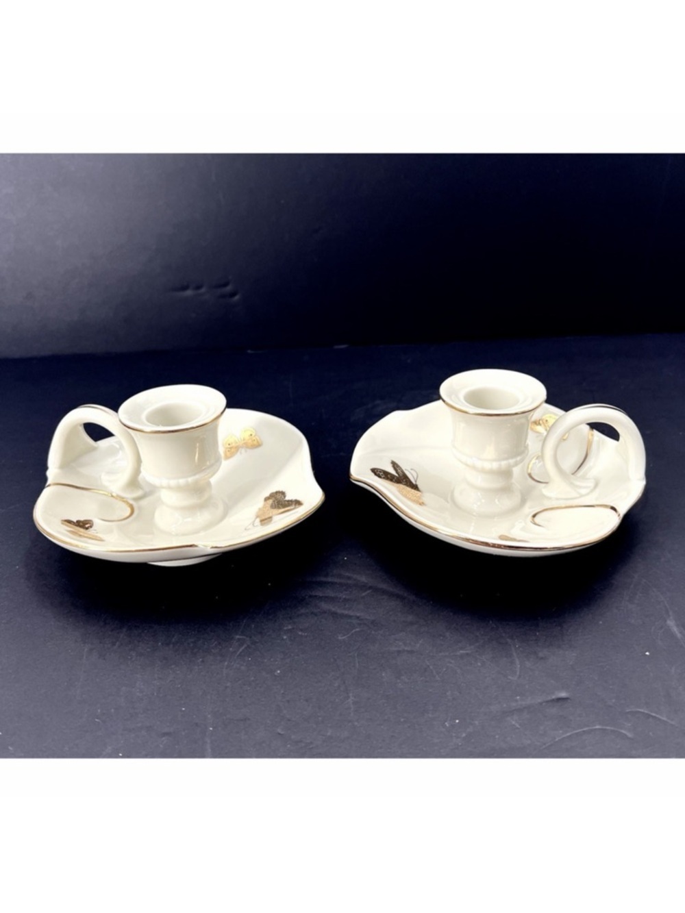 Takahashi San Francisco Gold Butterfly Taper Candle Holder Set Finger Carry